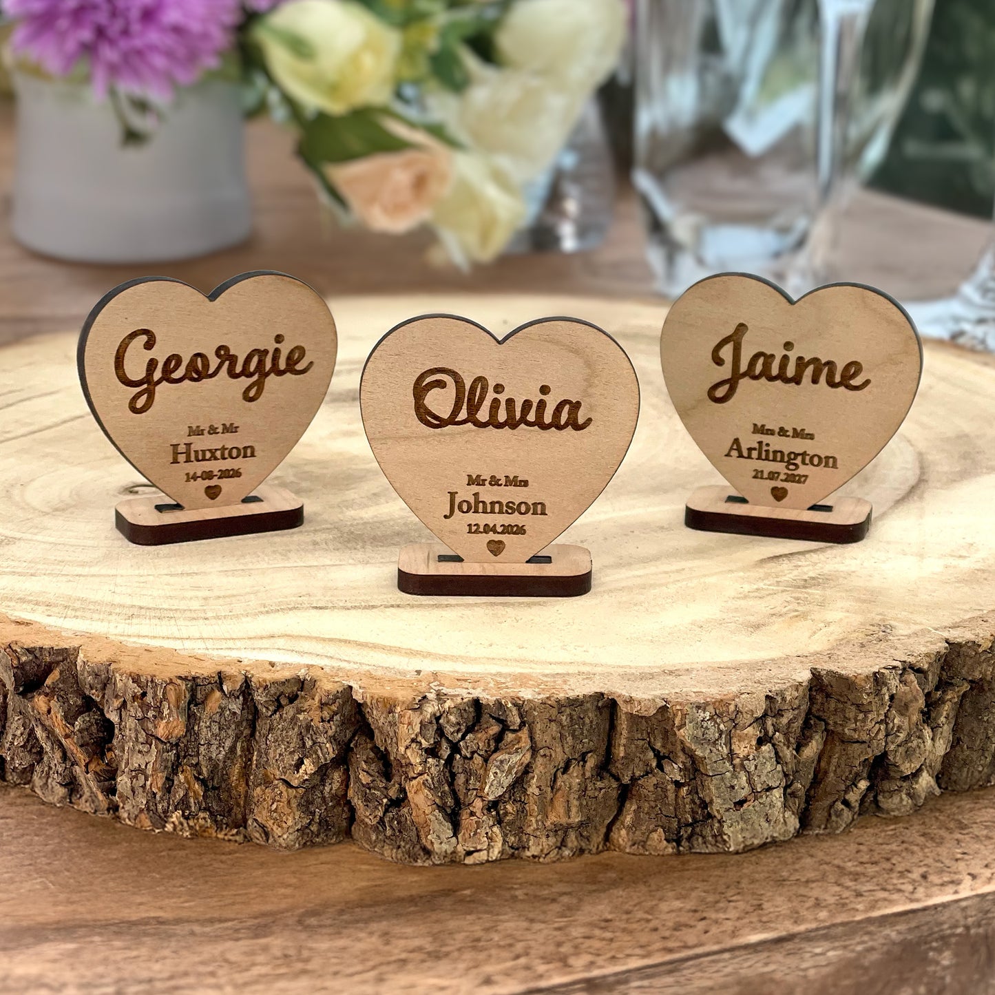 Personalised Wooden Wedding Heart Name Place Cards