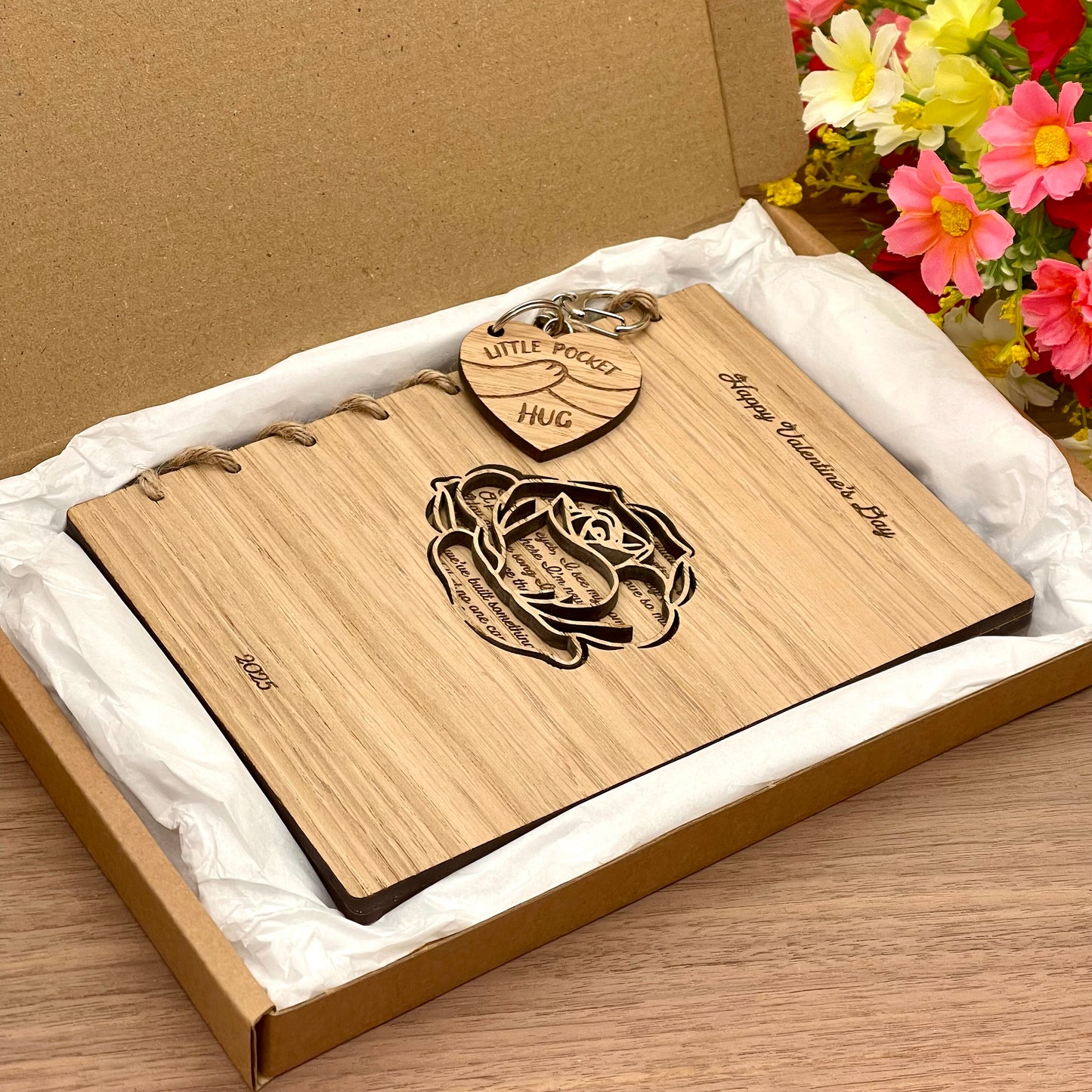 Wooden Valentine's Day Card Rose Paper Cut Style