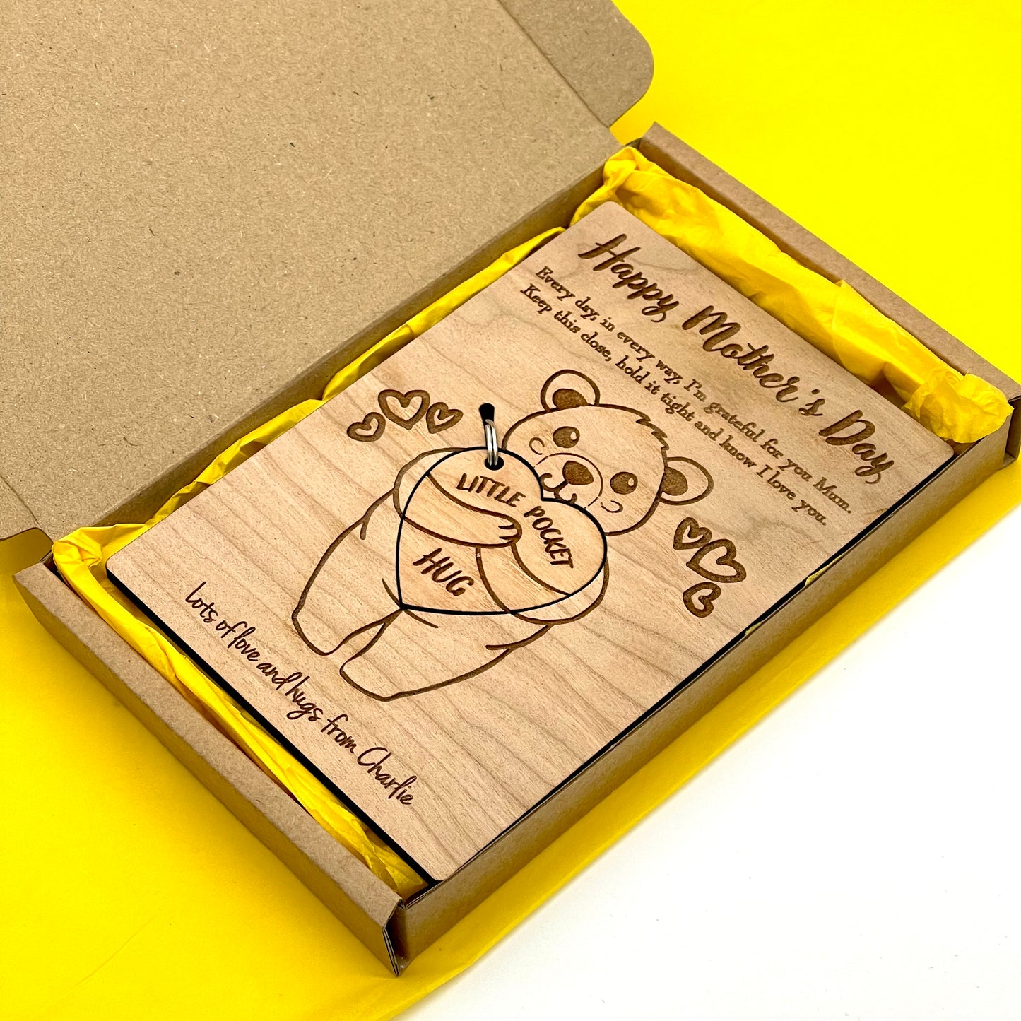 Happy Mother's Day Wooden Postcard with Pocket Hug Keyring