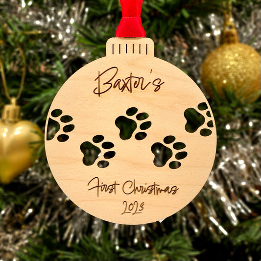 Pup's First Christmas Wood Bauble - Little Puppy Dog Paws Christmas Decoration