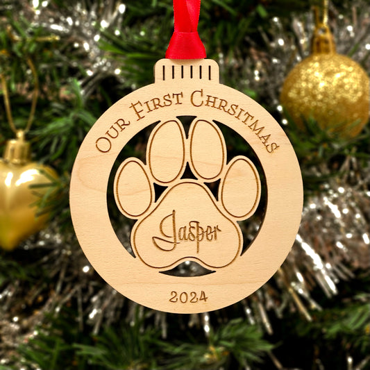 Pup's First Christmas Wood Bauble - Puppy Dog Paw Christmas Decoration