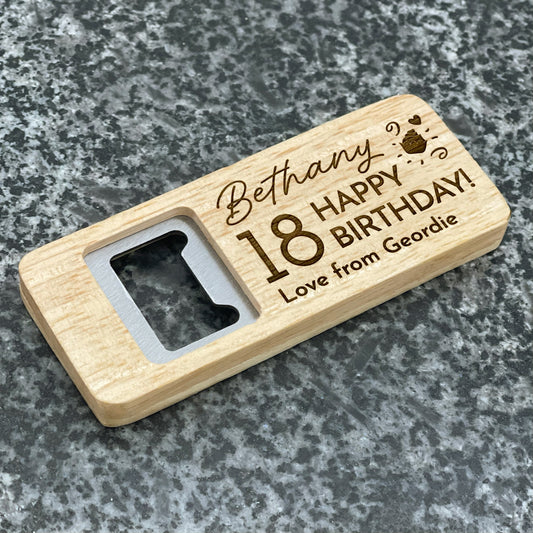 Engraved Happy Birthday Wooden Rectangle Bottle Opener Cupcake