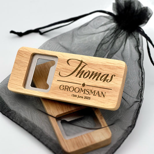 Personalised Groomsman Engraved Wooden Rectangle Bottle Opener for Best man, Usher, Groomsman, and more