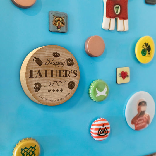 Father's Day Bottle Opener: Happy Father's Day. Pictured magnetically attached to a blue fridge