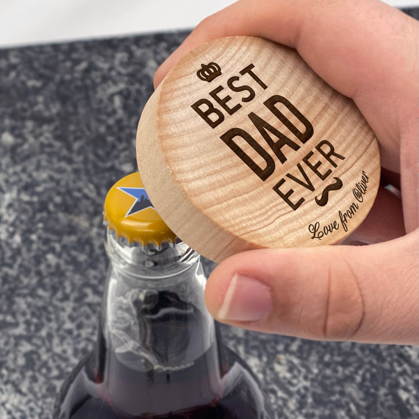 Father's Day Bottle Opener: BEST DAD EVER. Pictured being used on a bottle of ale