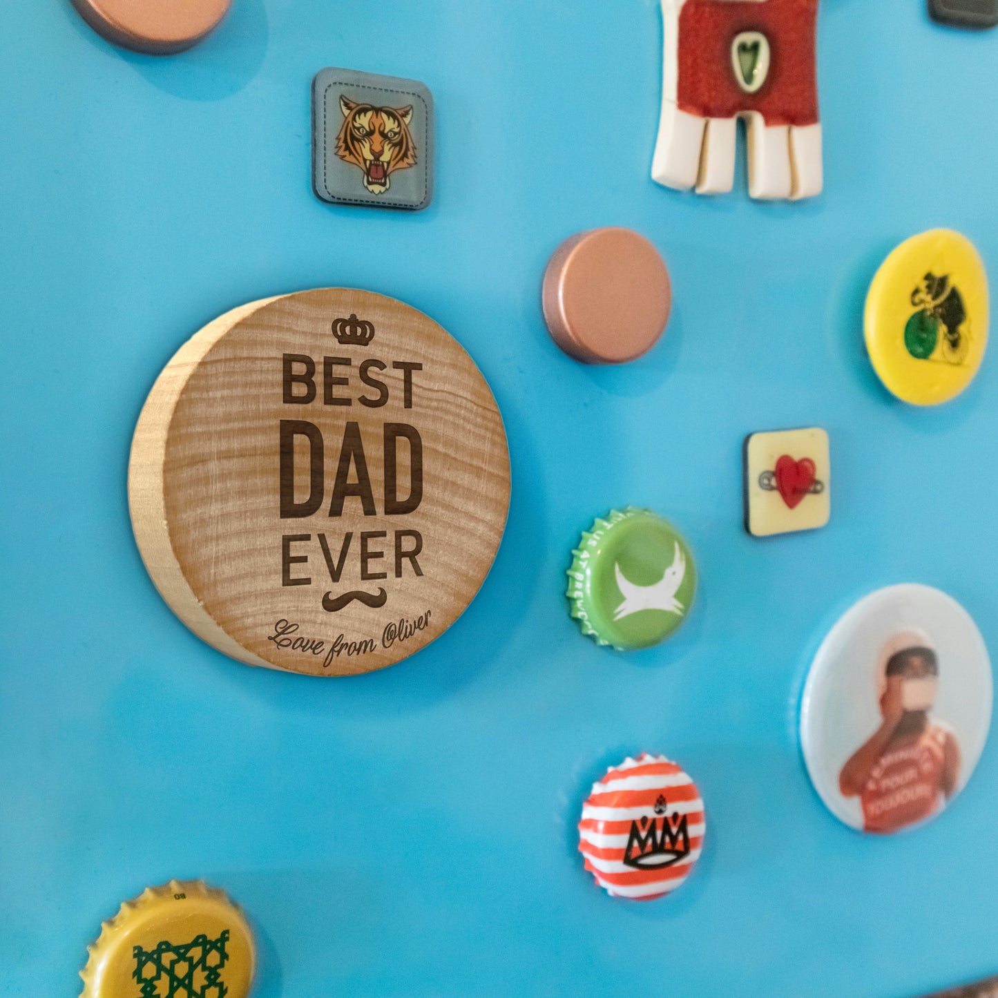 Father's Day Bottle Opener: BEST DAD EVER. Pictured magnetically attached to a blue fridge