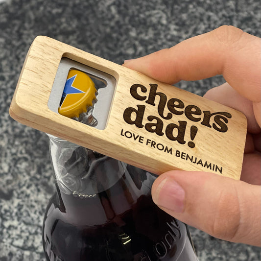 Father's Day Bottle Opener: cheers dad!. Pictured being used on a bottle of ale