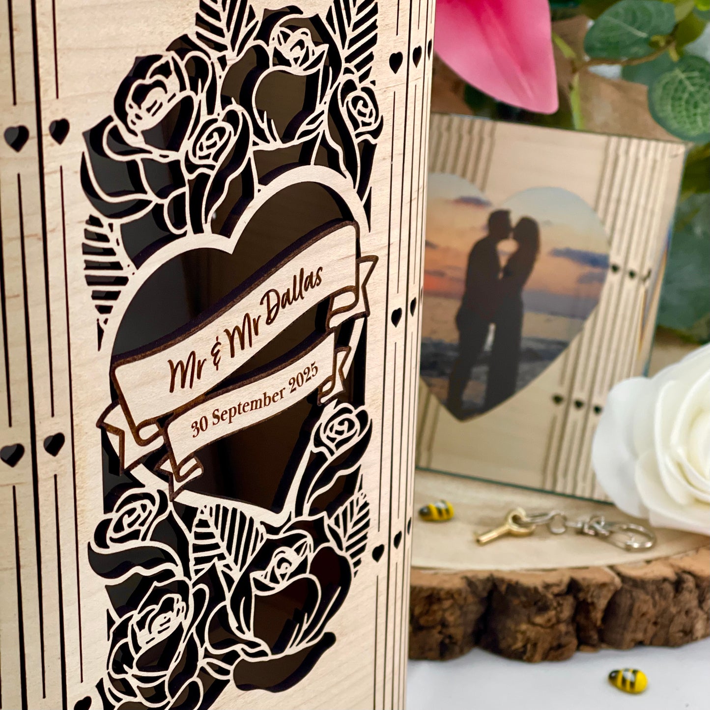 Personalised Wedding Card Box - Heart and Roses, Lockable