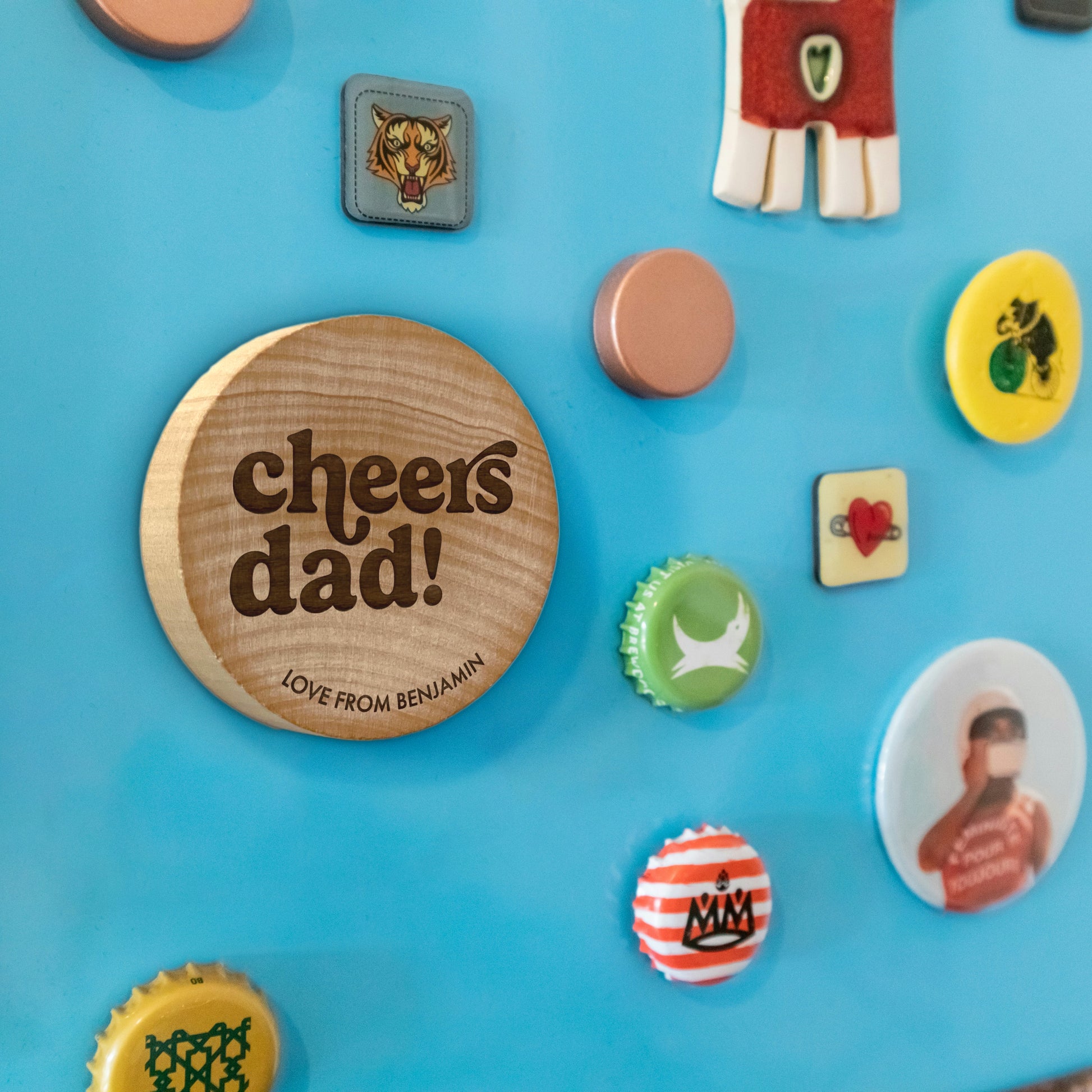 Father's Day Bottle Opener: cheers dad!. Pictured magnetically attached to a blue fridge