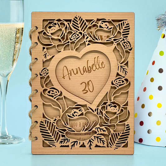 Wooden Birthday Card Cut Roses and Hearts