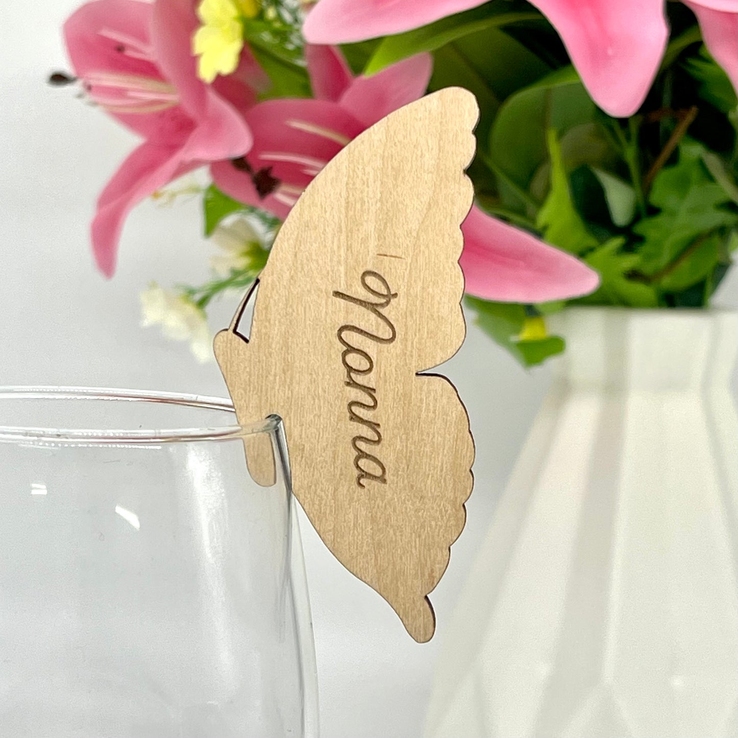 Personalised Glass Edge Wooden Butterfly Wing Wedding Place Names