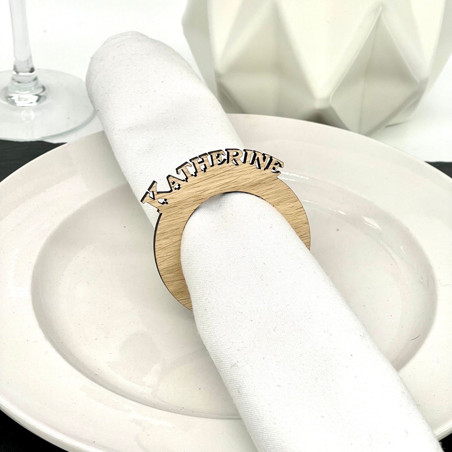 Wooden napkin ring cut wedding table names