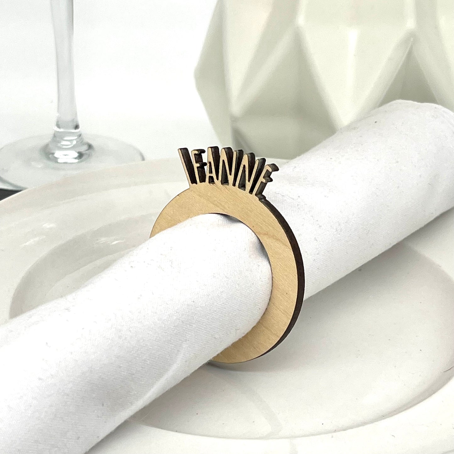 Wooden napkin ring cut wedding table names