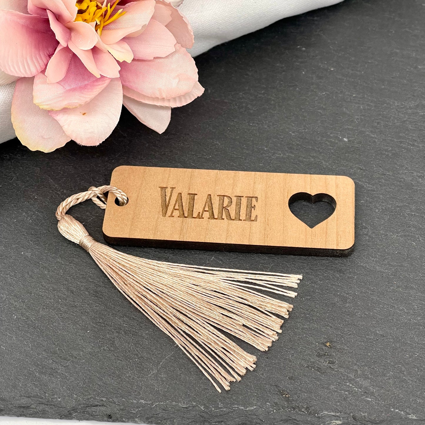 Wooden Wedding place table engraved names with tassel