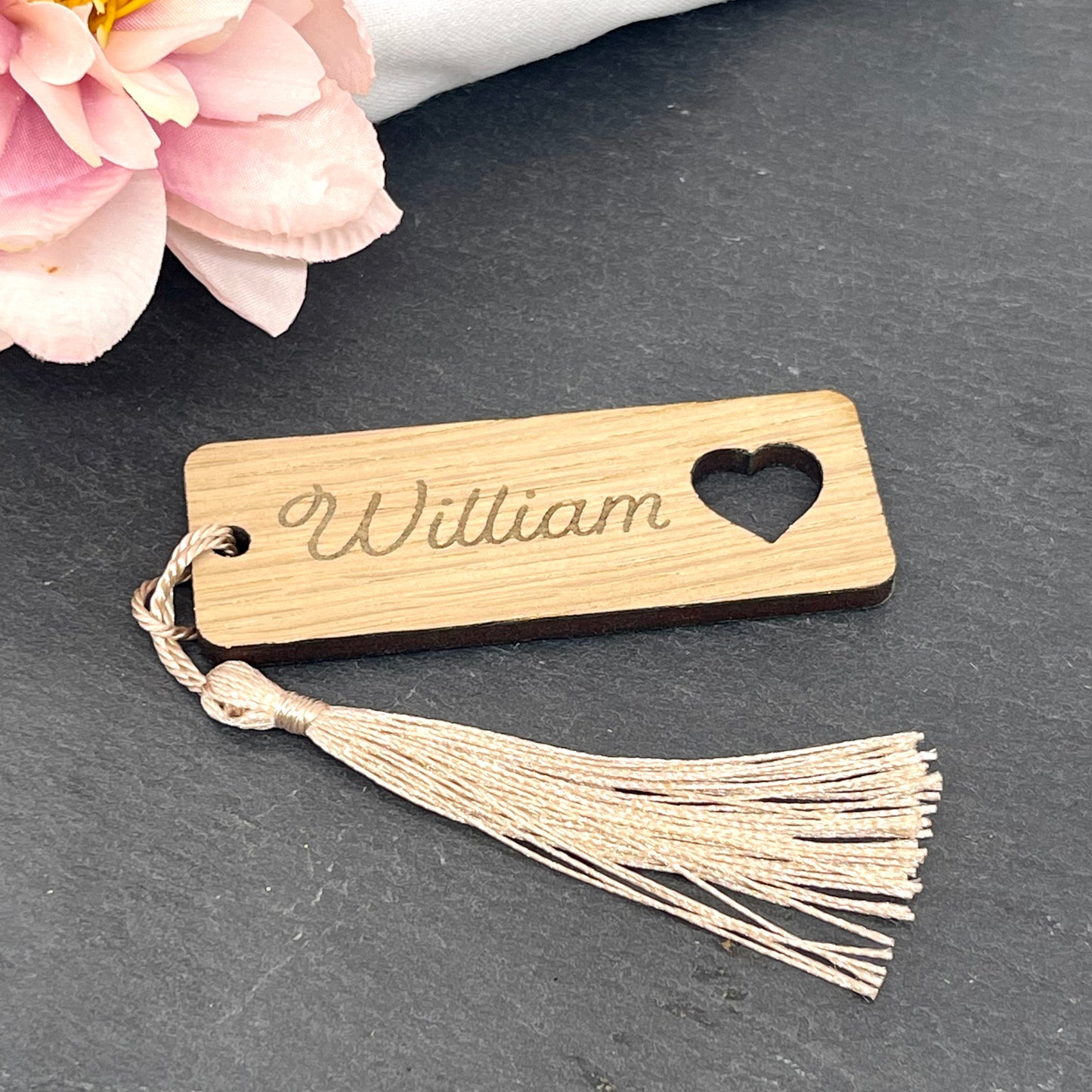 Wooden Wedding place table engraved names with tassel