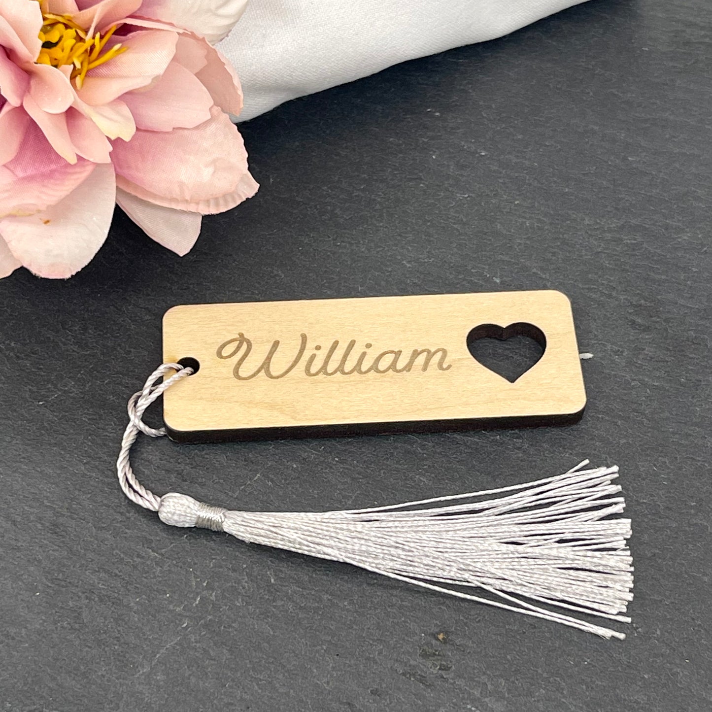 Wooden Wedding place table engraved names with tassel